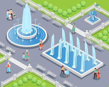 Isometric Park Fountain Illustrationのイラスト素材
