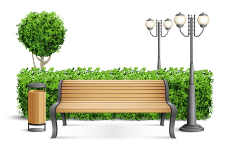 Realistic Wooden Park Bench Compositionのイラスト素材