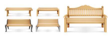 Realistic Wooden Park Benches Icon Setのイラスト素材