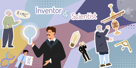 Inventor Scientist Flat Collageのイラスト素材