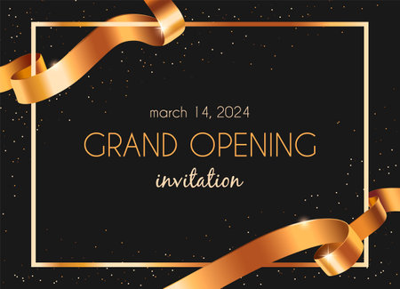 Golden party invitation template with frame and realistic and bright ribbonsのイラスト素材