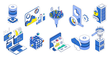 Isometric duotone big data elements set on white backgroundのイラスト素材