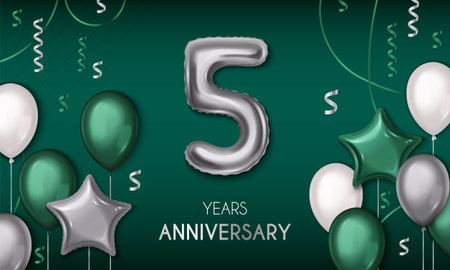Realistic 5 years anniversary celebration composition with metallic balloons and confetti on green backgroundのイラスト素材