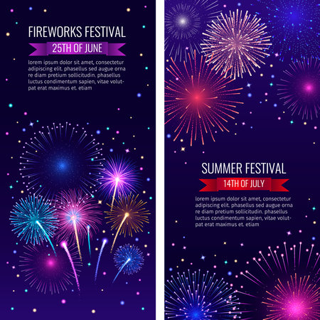 Bursting fireworks in the night sky vertical banner setのイラスト素材