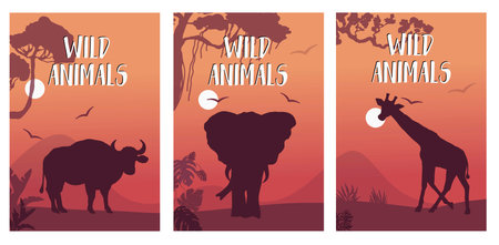 Set of African animals silhouettes at sunsetのイラスト素材