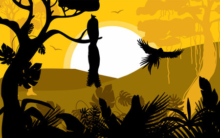 African birds silhouettes at sunsetのイラスト素材