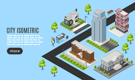 Isometric city scene with buildings horizontal banner template on blue backgroundのイラスト素材