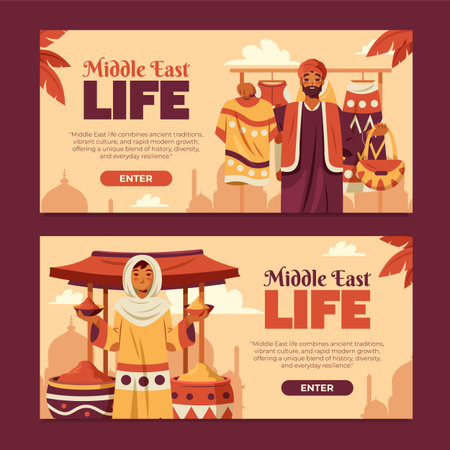 Flat Illustration of Middle East Life and Trade Horizontal Banner Collectionのイラスト素材