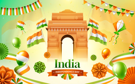 Realistic India Independence Day Celebration with Flags Illustration