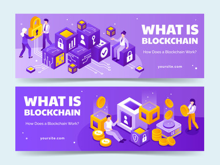 Modern Isometric Design of Cryptocurrency Network Horizontal Banner Setのイラスト素材
