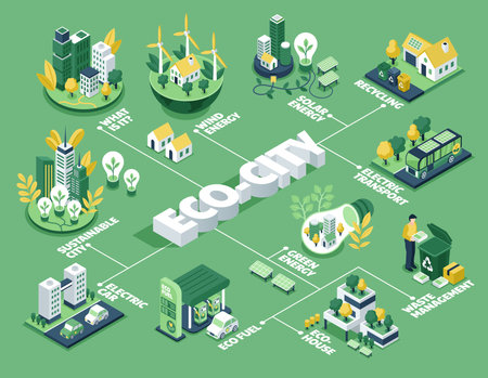 Isometric Eco-City Design and Environmental Solutions Infographyのイラスト素材
