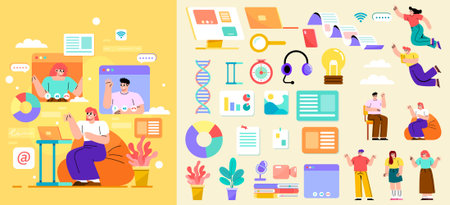 E-learning Hand Drawn Flat Icons with Compositionのイラスト素材
