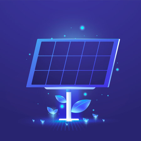 A solar panel standing on a blue grid base surrounded by tiny glowing leaves symbolizing clean energy and renewable power in 3d cartoon styleのイラスト素材