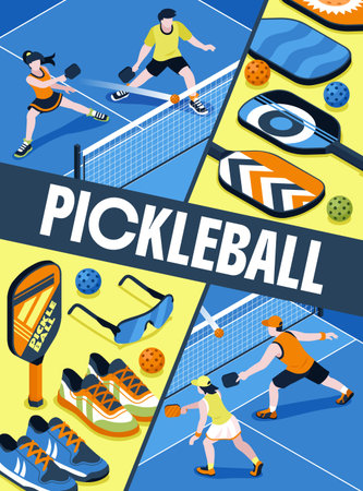 Illustration of colorful pickleball paddles balls shoes sunglasses and players shown individually on a white background in an isometric cartoon styleのイラスト素材