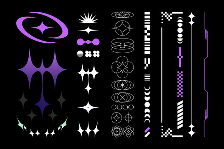 A collection of abstract icons borders patterns and symbols in purple white and black with y2k digital aesthetics in futuristic styleのイラスト素材