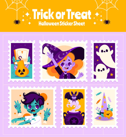 Sticker sheet featuring Halloween characters including ghosts a witch a zombie a bat cauldron candy and pumpkins in cartoon styleのイラスト素材