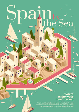 A vertical poster featuring a Spanish coastal village by the sea with villas, boats and docks in isometric view realistic styleのイラスト素材