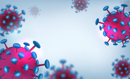 A soft blurred background showing multiple viral particles floating in blue and pink tones realistic styleのイラスト素材