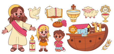A playful illustration showing a cartoon Jesus figure children animals ark candle chalice lamb and holy book in cartoon styleのイラスト素材
