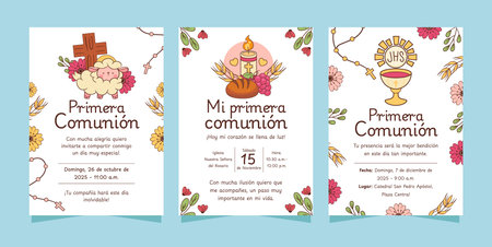 A set of three vertical invitation cards decorated with lamb bread candle chalice floral patterns and text in Flat cartoon styleのイラスト素材