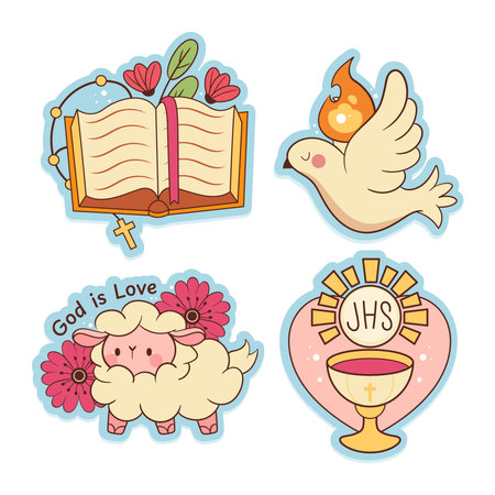 Several mini illustrations showing icons such as a bible book, candle, dove, lamb and wheat sheaf in cartoon styleのイラスト素材