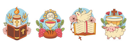 A sticker design sheet featuring cartoon icons of a bible chalice lamb dove and flowers in cartoon styleのイラスト素材