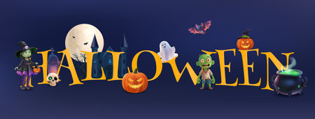 An illustrated layout showing carved pumpkins a ghost tombstone and bats with Happy Halloween text on a dark background in realistic cartoon styleのイラスト素材