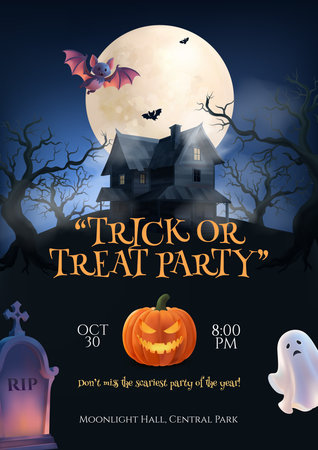 A vertical poster showing a haunted house jack o lanterns flying bats and glowing full moon with trick or treat message in realistic cartoon styleのイラスト素材