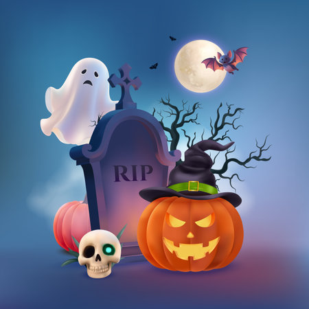 A dark composition of a haunted mansion bats twisted trees and flying ghosts under a glowing full moon in realistic cartoon styleのイラスト素材