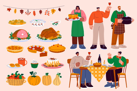 A Thanksgiving composition with people serving and enjoying festive meals such as turkey pies ham cider and vegetables with autumn leaves decor in hand-drawn flat styleのイラスト素材