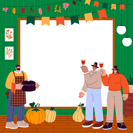 Horizontal Thanksgiving banner featuring people in pilgrim hats fall vegetables and hanging decorations with blank space in hand-drawn flat styleのイラスト素材