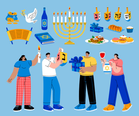 A Hanukkah composition with people lighting candles holding dreidels and gifts surrounded by menorah books traditional food and Jewish symbols in hand-drawn flat styleのイラスト素材