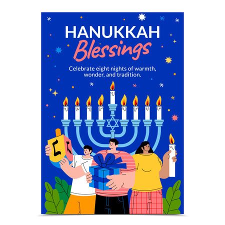 A vertical Hanukkah poster with family holding candles dreidels and a gift in front of a glowing menorah and surrounded by stars in hand-drawn flat styleのイラスト素材