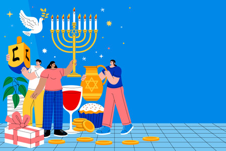 A Hanukkah background with people holding a menorah a dreidel jug and candles with coins a gift and holiday food on a tiled floor in hand-drawn flat styleのイラスト素材