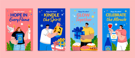 Four vertical Hanukkah cards with people holding candles dreidels gifts and wine pitchers surrounded by festive elements in hand-drawn flat styleのイラスト素材