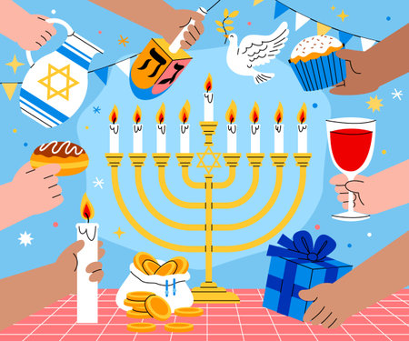 A decorative layout showing menorah with lit candles surrounded by multiple hands holding gifts dreidels candles sweets wine and doves in hand-drawn flat styleのイラスト素材