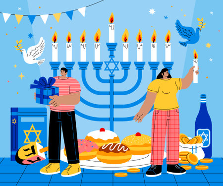 A festive composition featuring people standing near menorah holding candles and gifts surrounded by sufganiyot wine coins and Jewish books in hand-drawn flat styleのイラスト素材