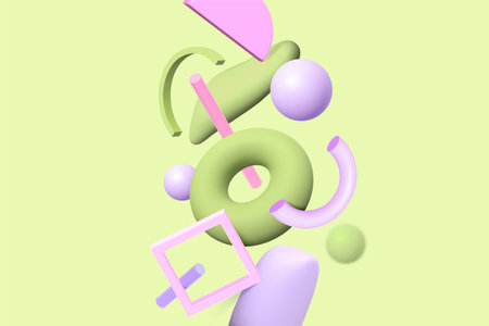 A vertically oriented abstract composition featuring pastel green rings purple balls pink cylinders and bent forms floating on a lime background in realistic styleのイラスト素材