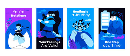 A collection of four vertical cards promoting mental health awareness with illustrations of PTSD, schizophrenia, burnout, and identity confusion in hand-drawn flat styleのイラスト素材