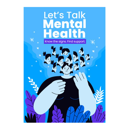 A vertical poster with a central character experiencing identity confusion and surrounded by floating heads and blue waves with supportive text in hand-drawn flat styleのイラスト素材