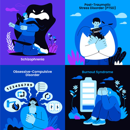 A 2x2 layout showing illustrations of schizophrenia PTSD obsessive compulsive disorder and burnout syndrome with expressive characters and symbolic visuals in hand-drawn flat styleのイラスト素材