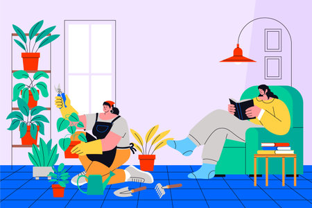 A relaxing room illustration showing one person reading in a chair and another trimming potted plants in a bright home interior with tools and decor in hand-drawn flat styleのイラスト素材