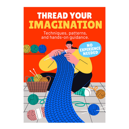 A hobby class poster showing a person knitting with a large blue piece, yarn baskets, and bold callouts including no experience needed in hand-drawn flat styleのイラスト素材