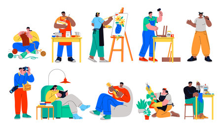 A colorful group illustration featuring ten people engaged in activities such as knitting, cooking, painting, woodworking, singing, photography, reading, gardening, playing music, and sewing in hand-drawn flat styleのイラスト素材