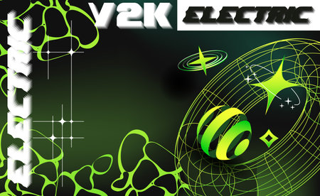 A futuristic background filled with glowing starbursts swirling lines spheres and electric green and purple gradients against a dark backdrop in isometric cartoon styleのイラスト素材