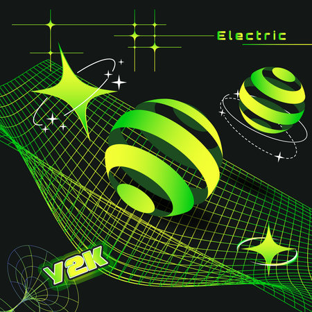 A layered digital visual featuring a yellow pink sphere, repeating browser windows, neon grids, and 3D star elements on a dark gradient background in isometric cartoon styleのイラスト素材