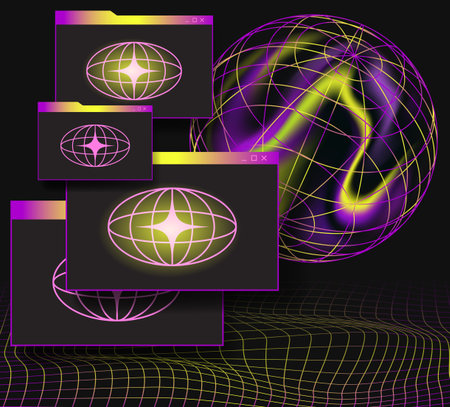 A vibrant futuristic scene with luminous wireframe landscapes, floating striped spheres, orbiting stars, and electric neon accents in isometric cartoon styleのイラスト素材