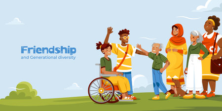 A cheerful group including a dog and wheelchair user stands outdoors with trees clouds and sky in the backdrop in flat cartoon styleのイラスト素材