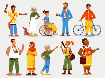Full collection of smiling people in casual clothing including young elderly and differently abled individuals in flat cartoon styleのイラスト素材