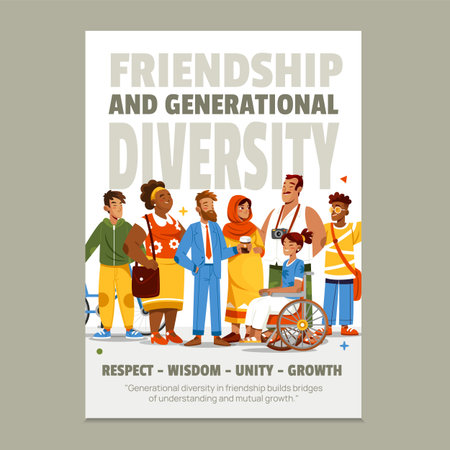A vertical layout with group of characters from various backgrounds and generations standing together under friendship theme in flat cartoon styleのイラスト素材